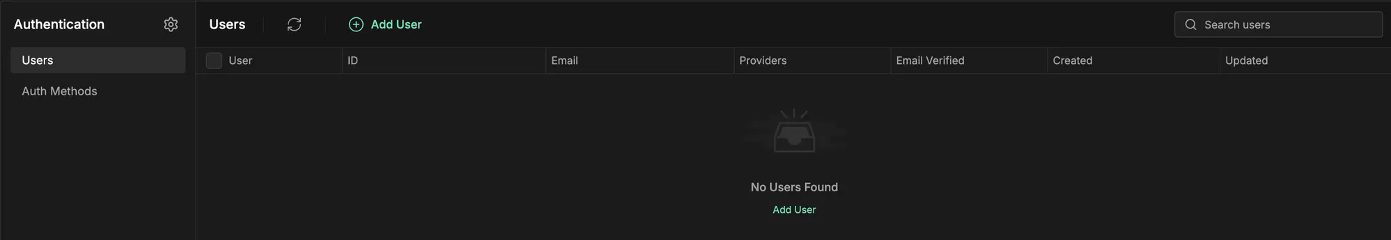 InsForge Auth Users — empty because Kinde manages users